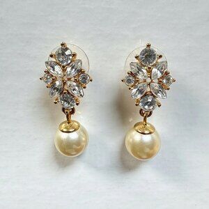 Vintage Gold Dangly Pearl Earrings Rhinestones Costume Statement Jewelry Wedding